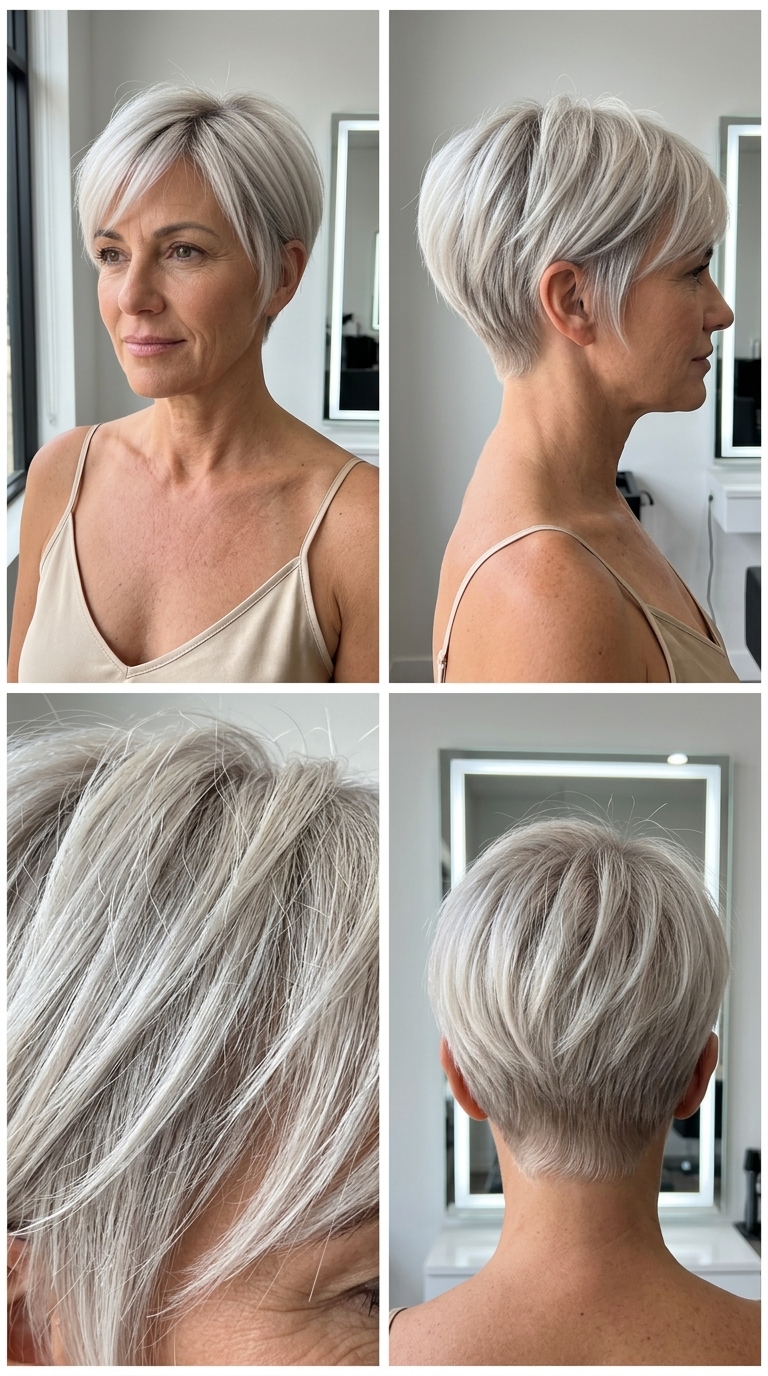 ultra-short pixie haircut with icy platinum blonde, ash shadow root, razored edges, side-swept fringe — bold edgy festival look