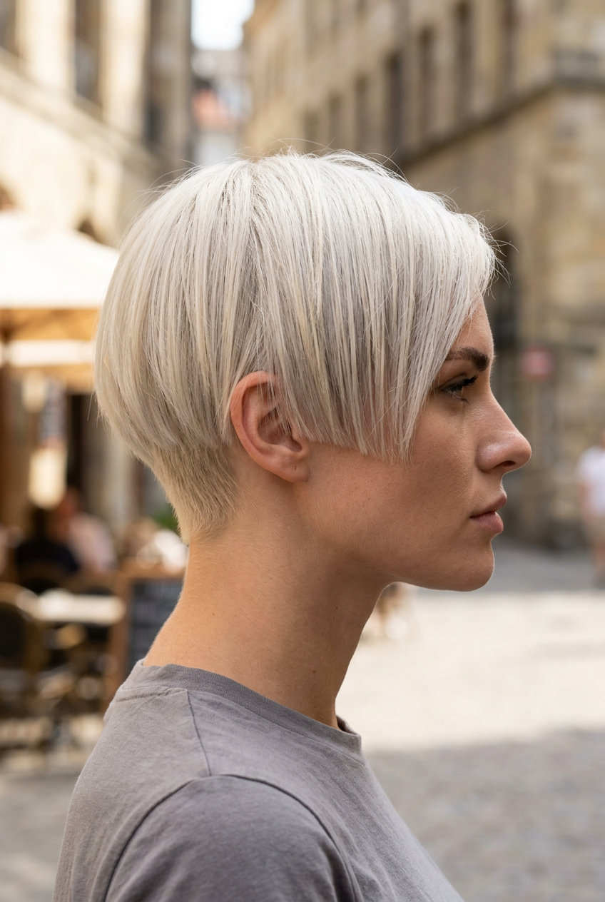 Platinum Pixie with Root Smudge 2026 very short pixie haircut in icy platinum blonde with root smudge & blunt cut for chic minimalism