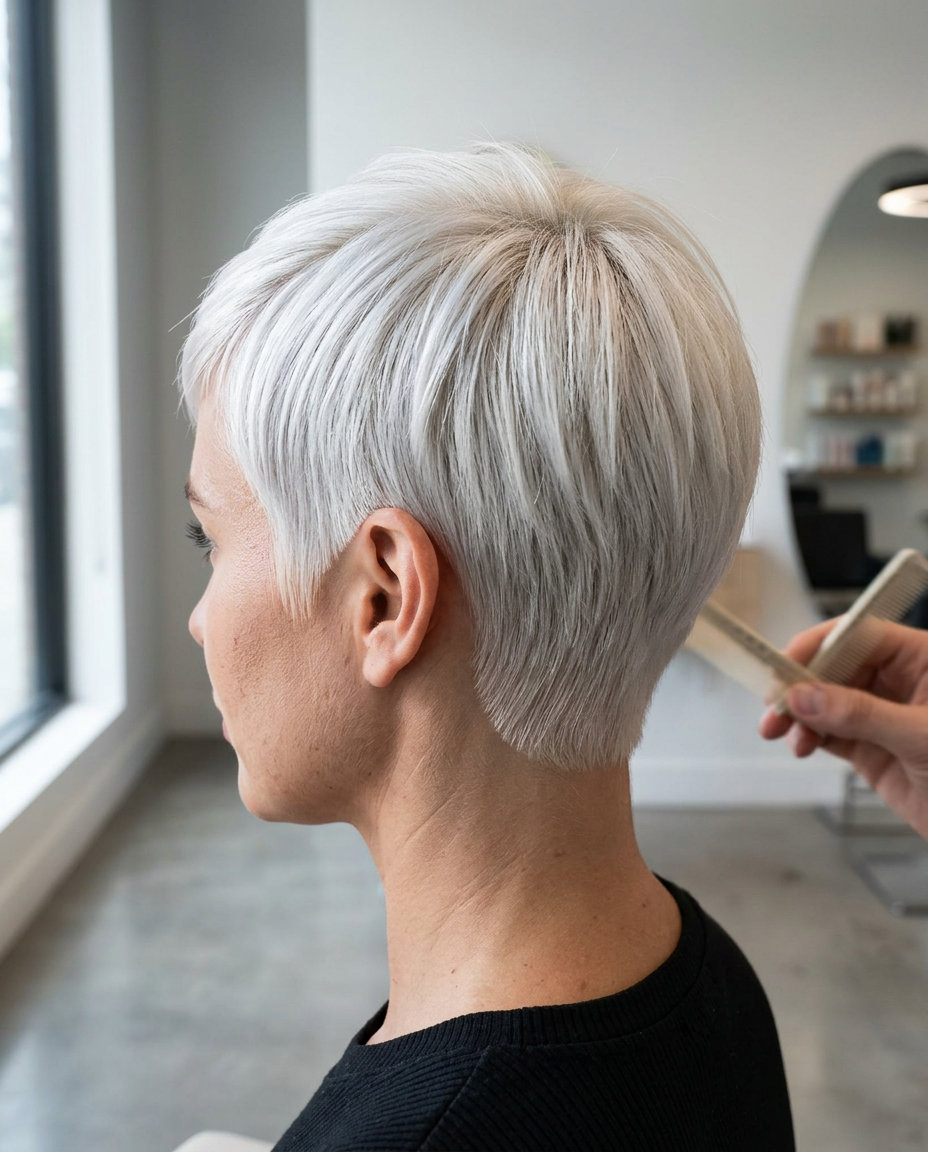 Icy Platinum Pixie Haircut 2026 very short pixie haircut in icy platinum blonde with cool silver undertones & blunt cut for sophistication