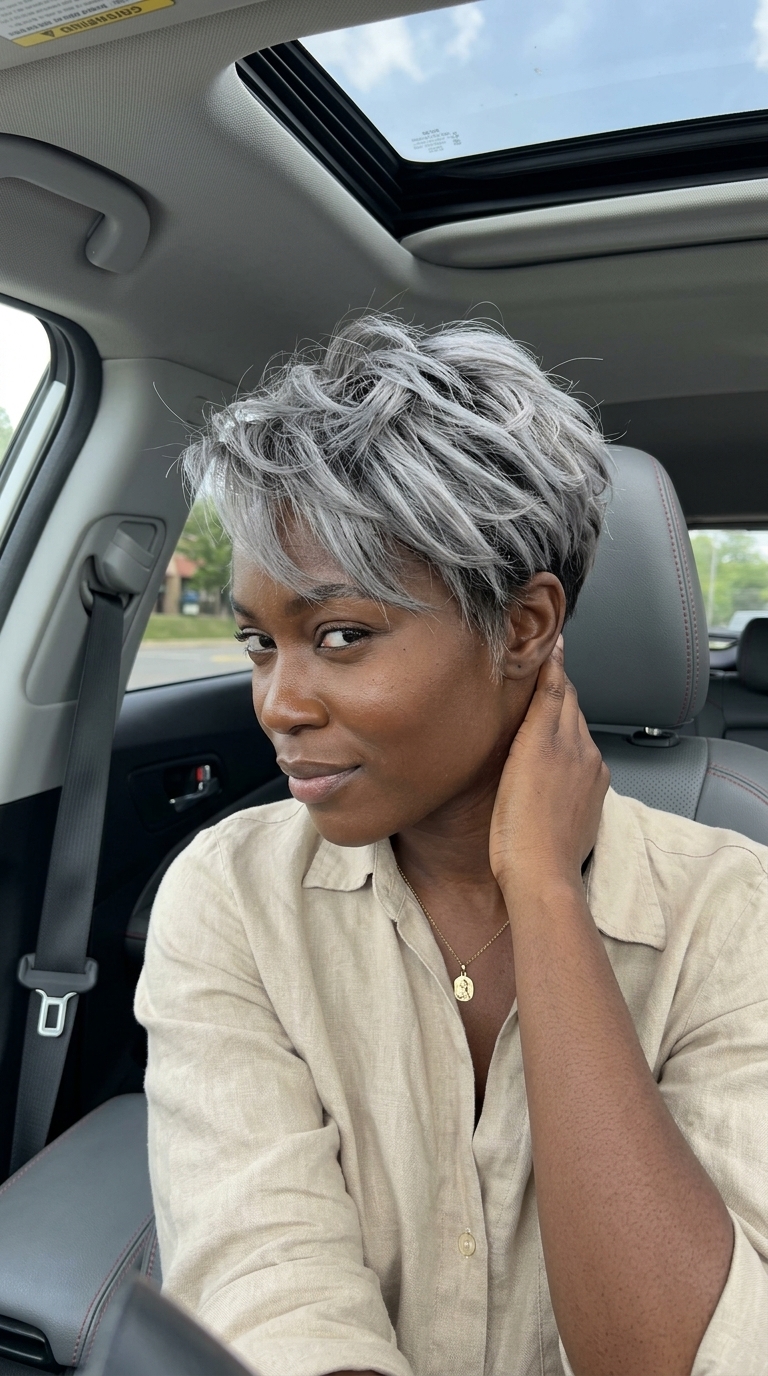short icy silver bixie with charcoal lowlights, tapered sides, wispy fringe — modern minimal