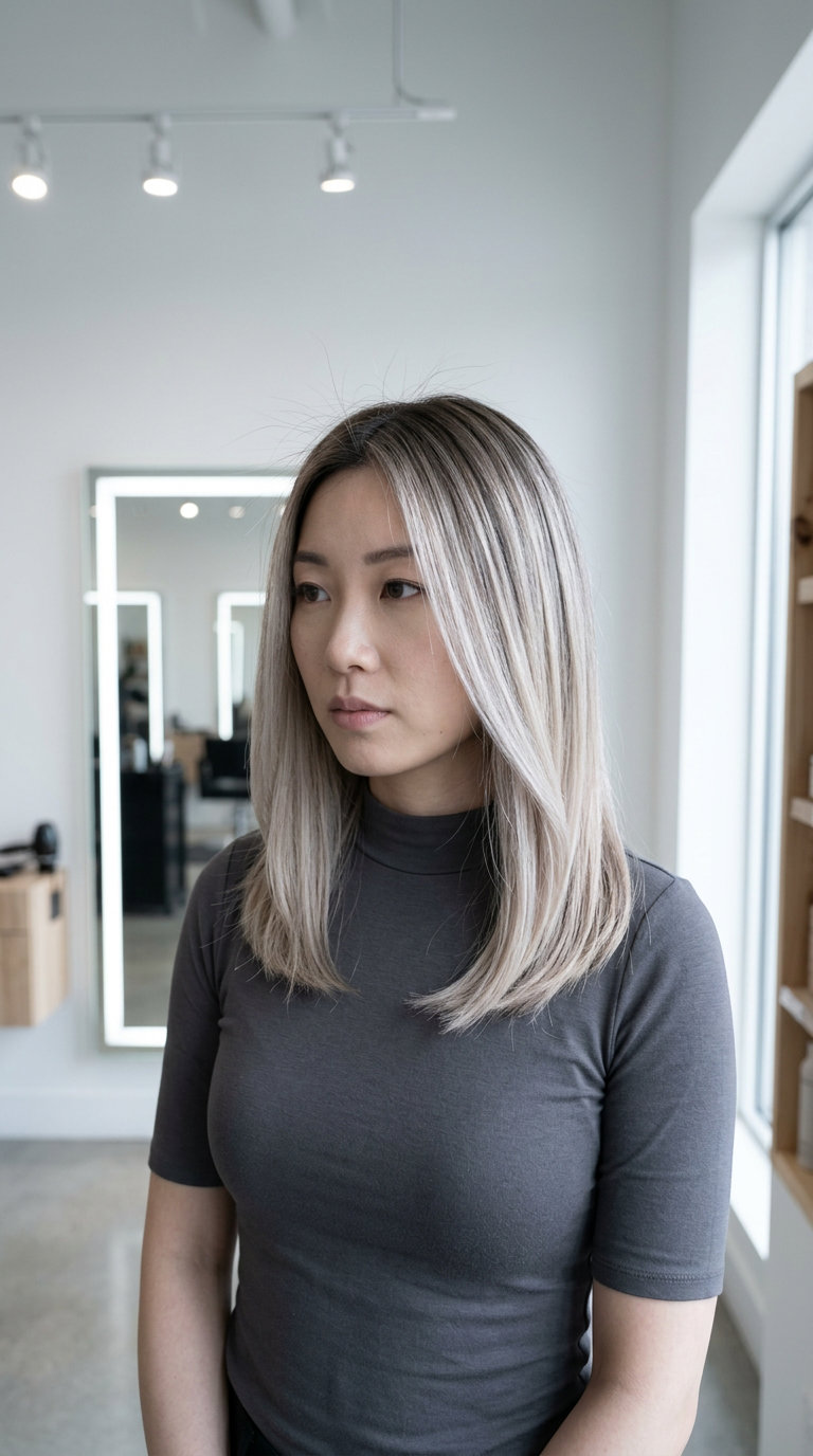 long soft layered hair with icy vanilla blonde, silver, ash brown root, Air Touch balayage — sophisticated edge