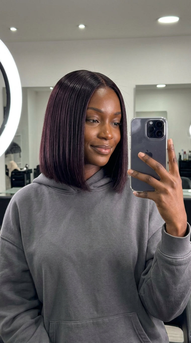 long jet black cherry haircut with subtle violet-red undertones, solid monochromatic color, for romantic sultry evenings
