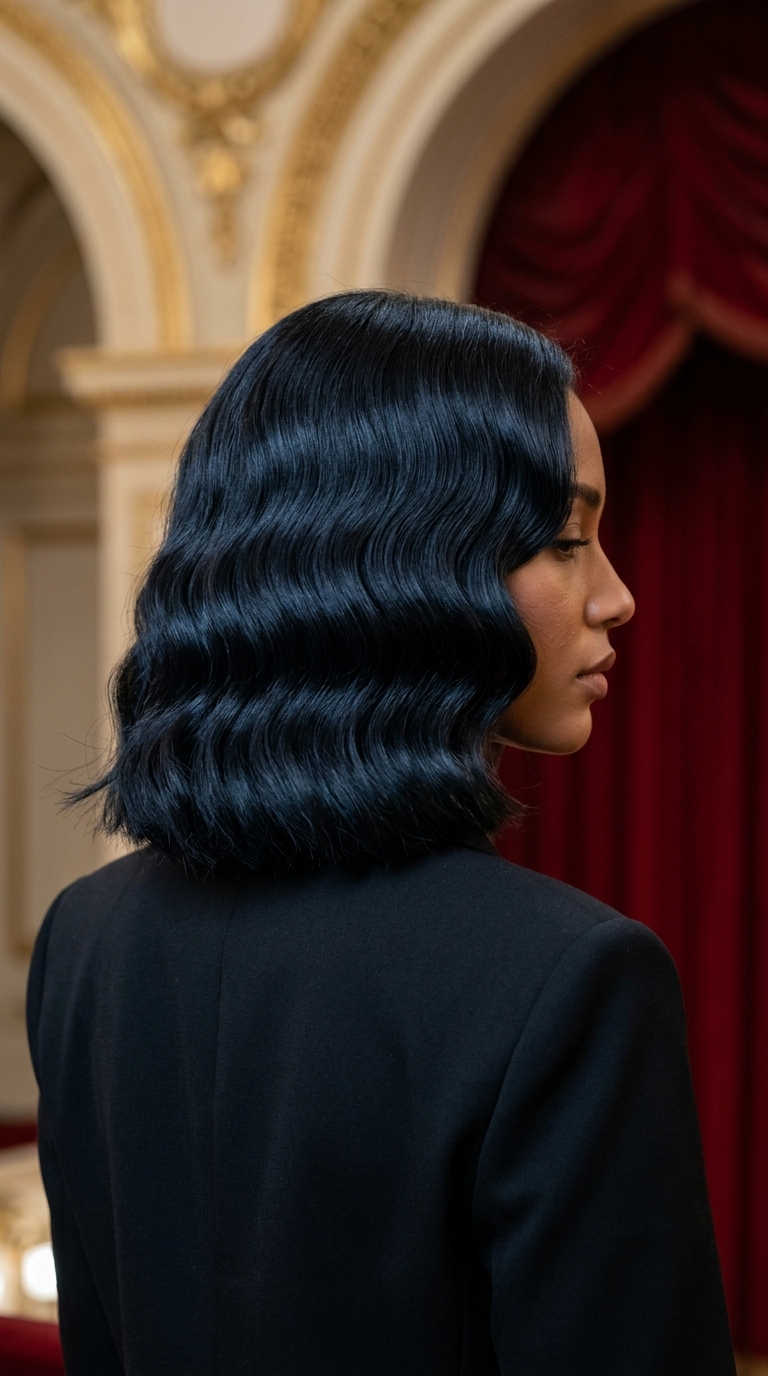 shoulder-length jet black wavy hairstyle with cool blue-black undertones, blunt cut, and sculpted Scandi-waves for summer