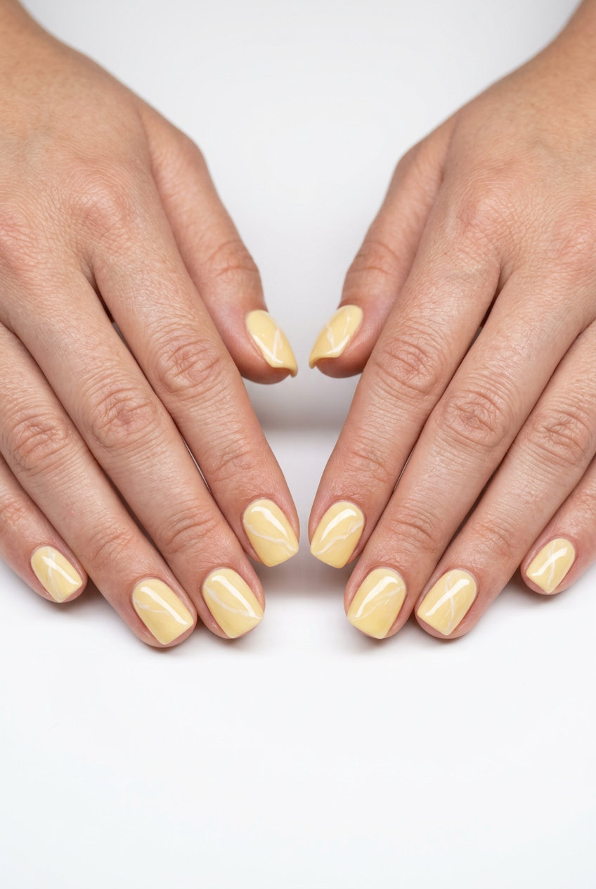 Artistic butter yellow marble nails for casual chic outfits, july nails 2026 inspo.
