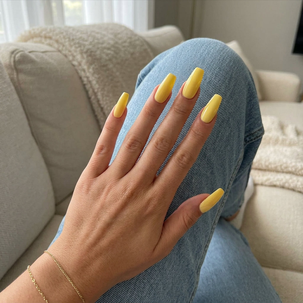Sunny butter yellow Gel-X nails for july nails 2026: bright, glossy, medium coffin shape. Vacation & casual.