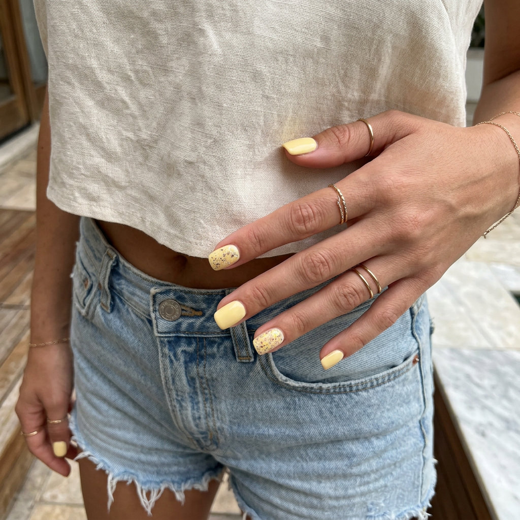 Butter Yellow Glitter Confetti nails for july nails 2026: playful, cheerful squoval style.
