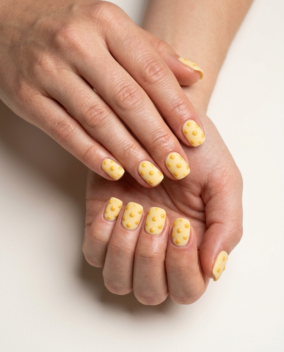 Textured buttercup dot nails for july nails 2026: matte yellow with raised golden dots. Casual & picnic style.
