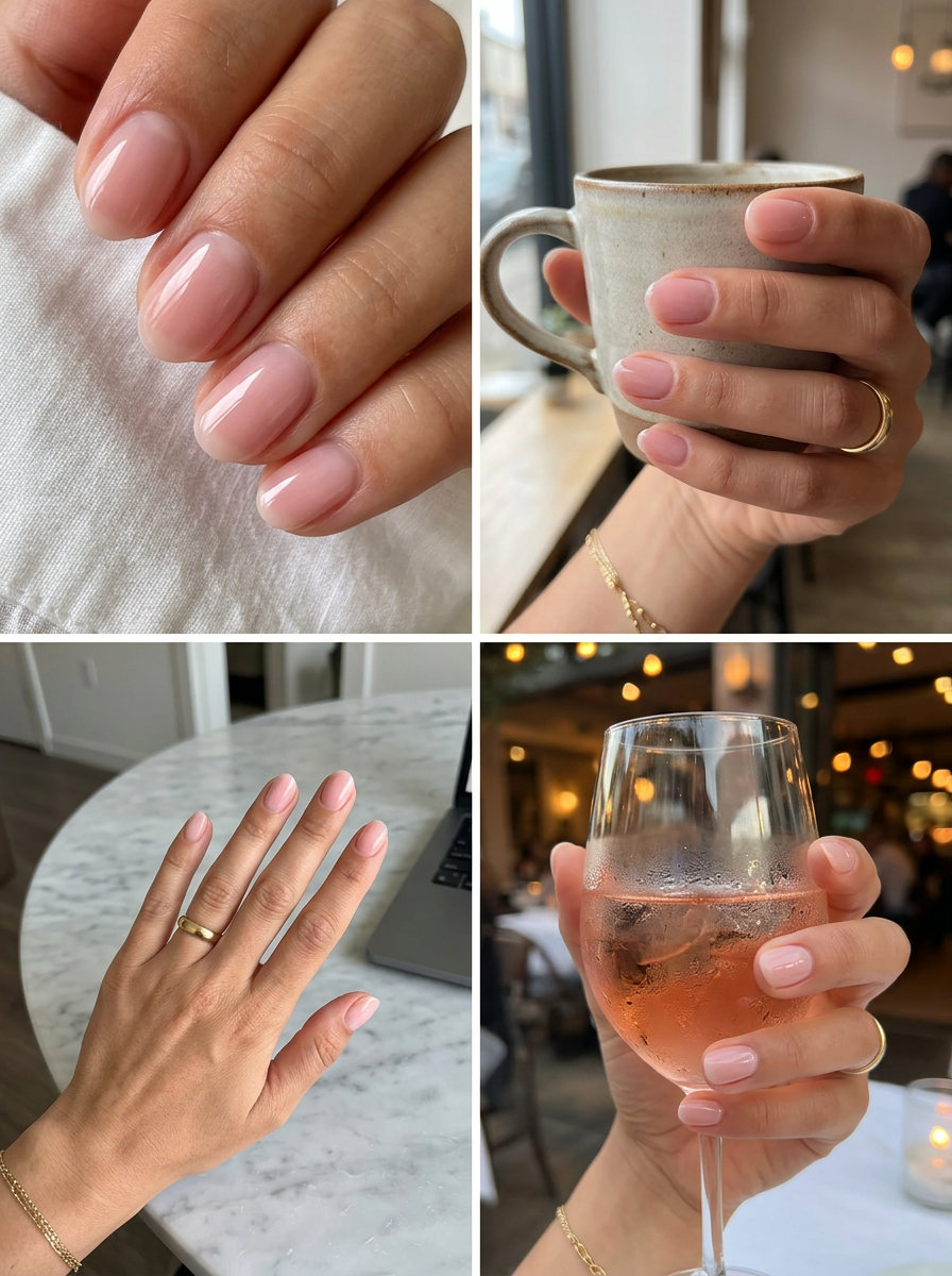 Clean girl pink builder overlay nails for work, july nails 2026.
