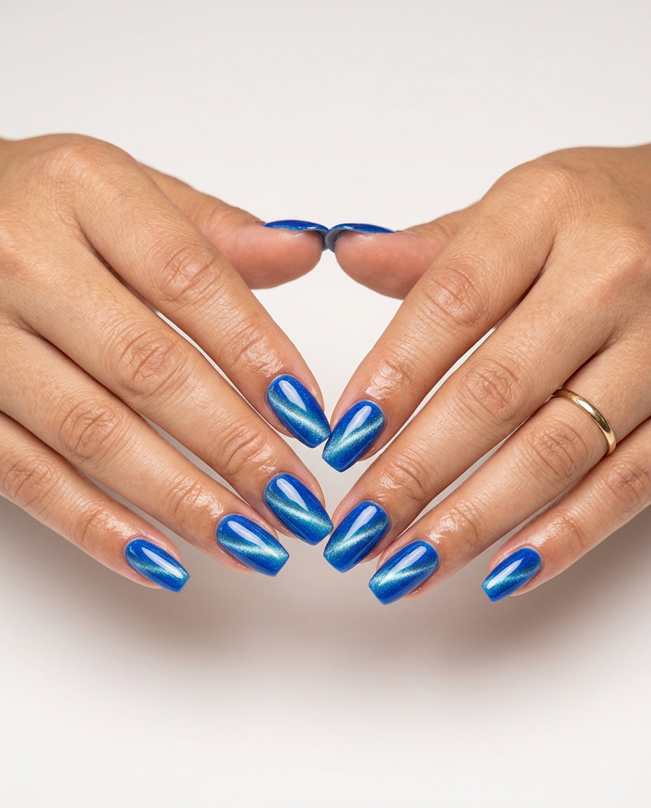 Electric blue cat-eye nails for july nails 2026: stiletto shape with magnetic silver/teal shift. Party & night out.