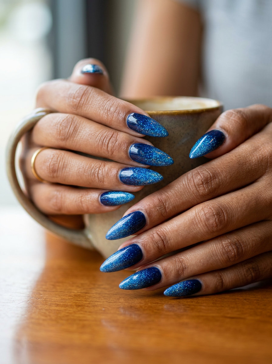 Electric Blue Sparkle Gradient nails for july nails 2026: glamorous, dazzling party style.