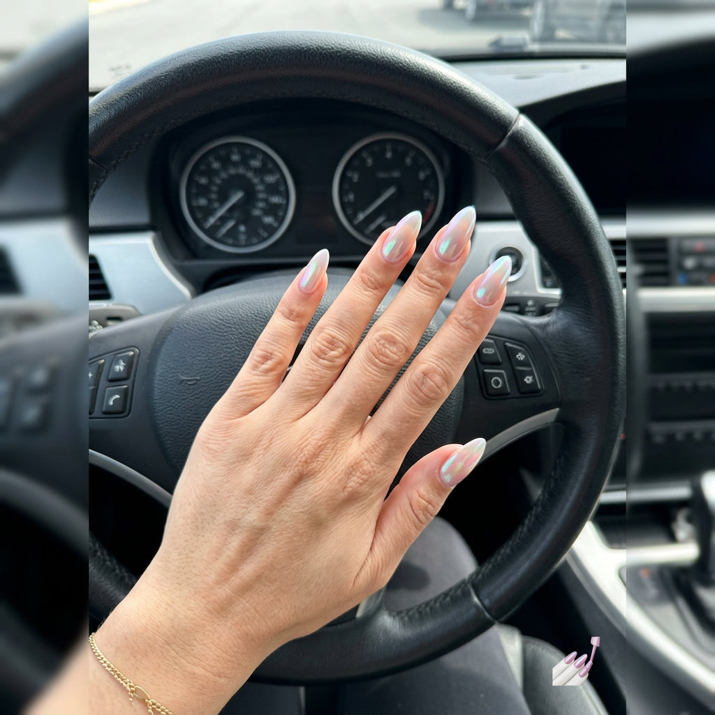Iridescent Aurora Chrome French nails for july nails 2026: futuristic, glamorous party style.