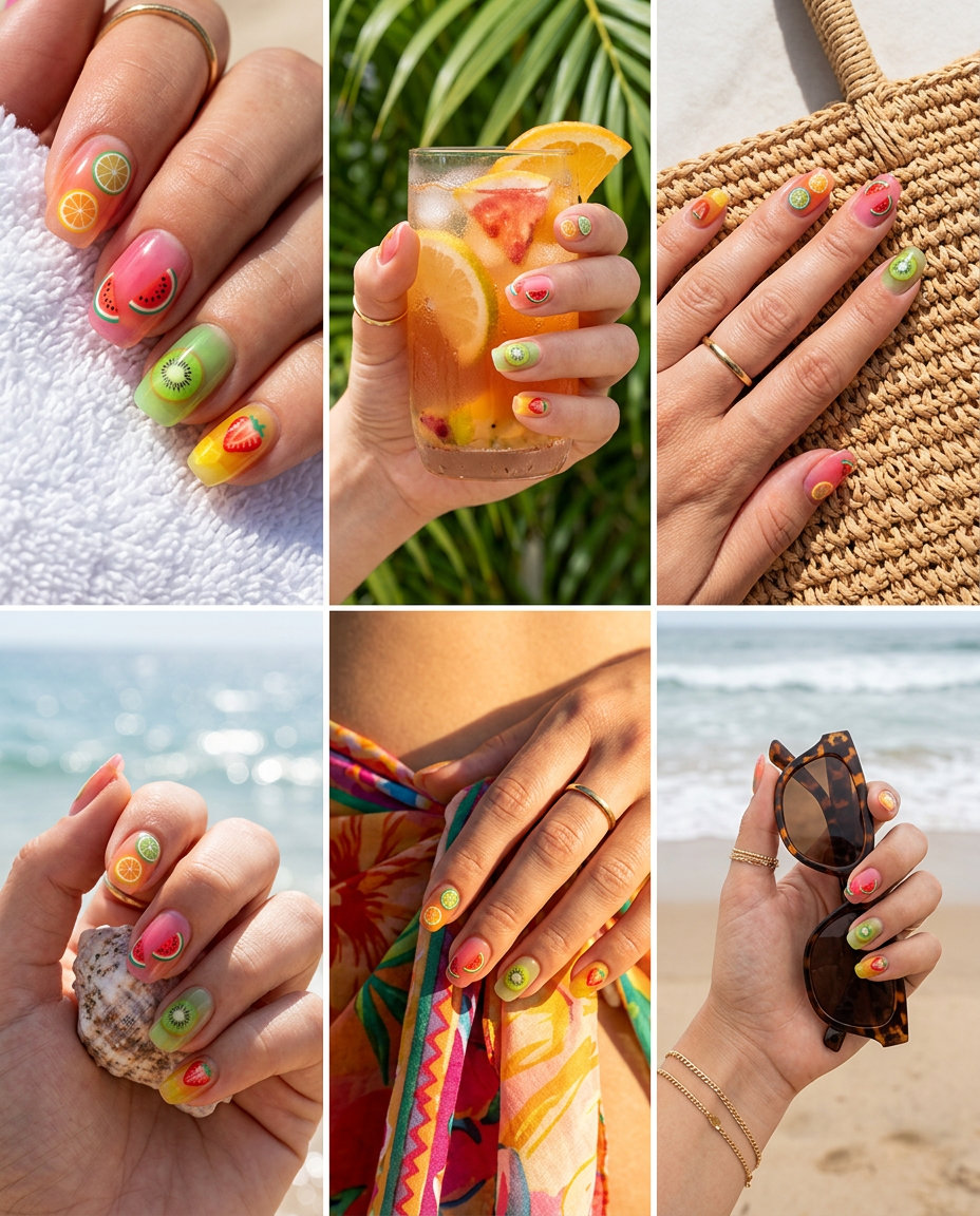 Juicy jelly fruit slice decals for july nails 2026: translucent summer colors with realistic fruit slices.