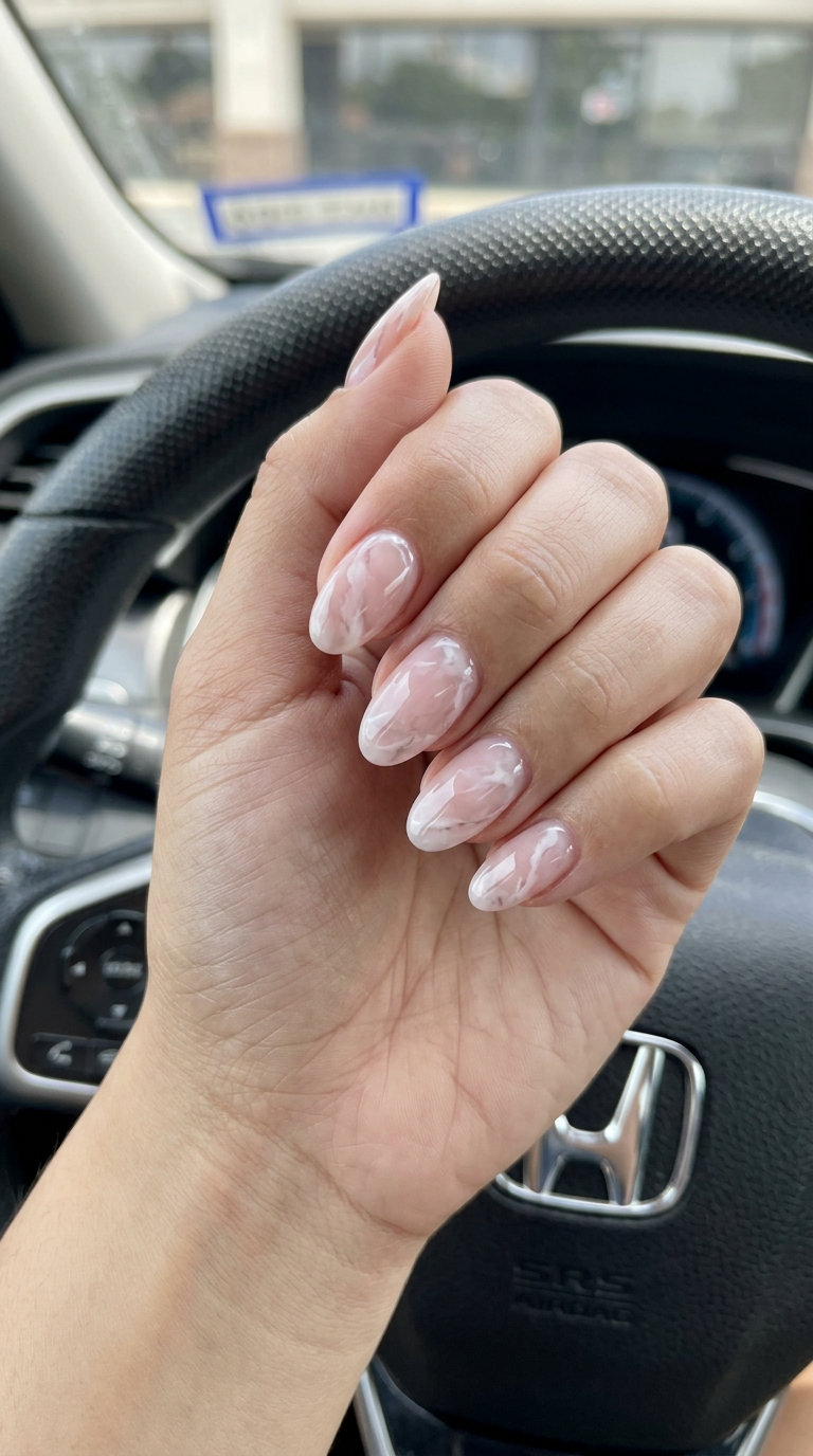 Milky Marble Elegance nails for july nails 2026: sophisticated, romantic formal event style.