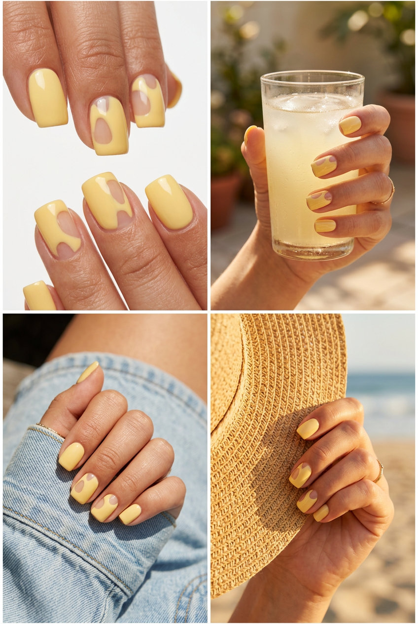 Modern Butter Yellow Negative Space nails for july nails 2026: minimalist, artistic daily style.