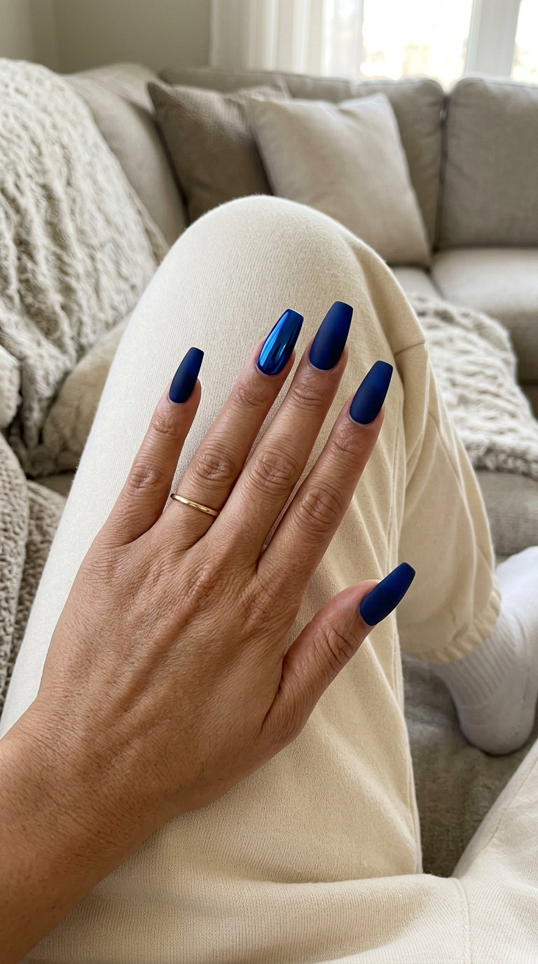 Deep navy with electric blue chrome accent nails for july nails 2026: matte navy & shiny chrome contrast.