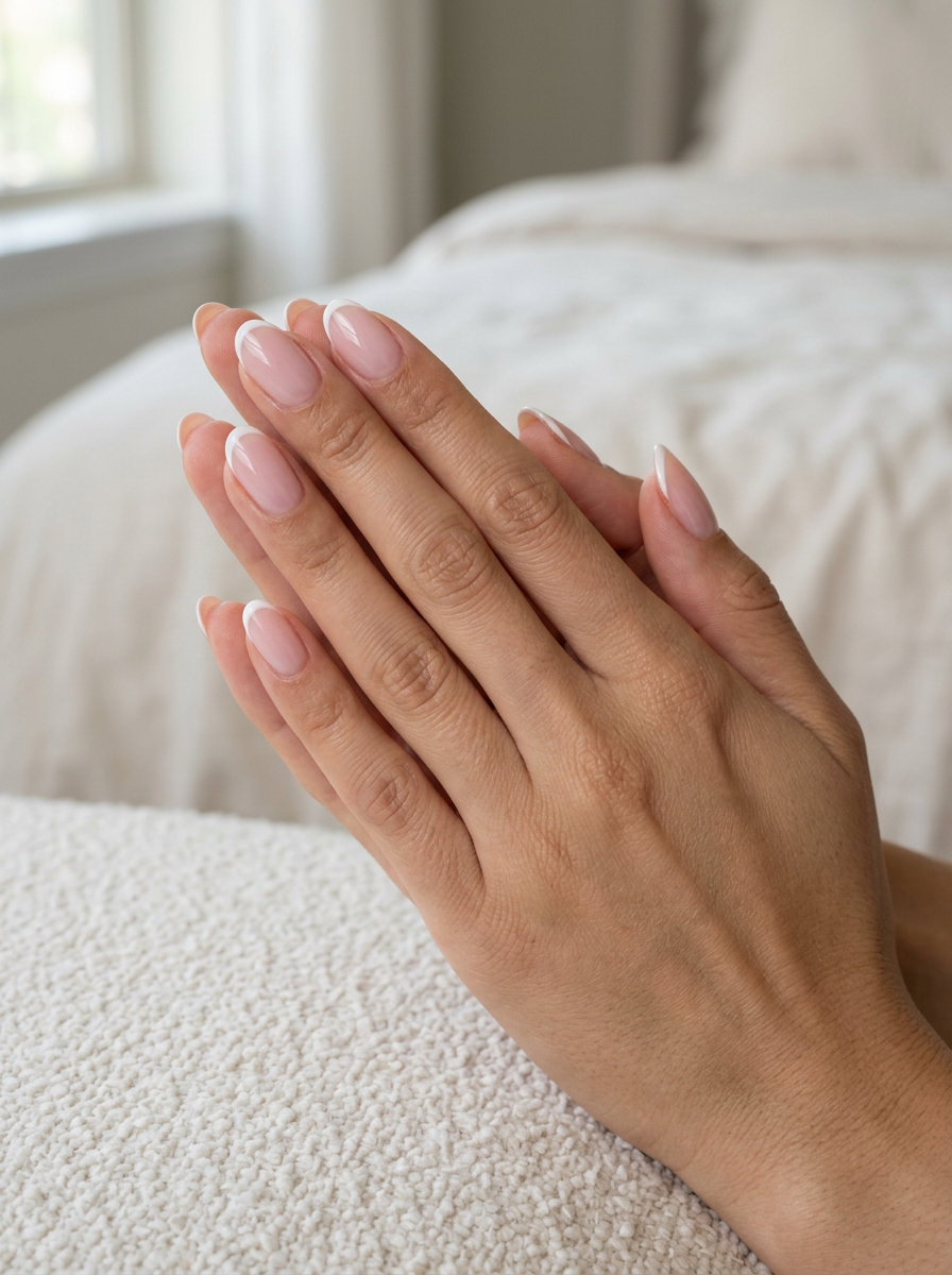 Sheer Milky Pink Micro-French nails for july nails 2026: elegant, minimalist wedding guest style.
