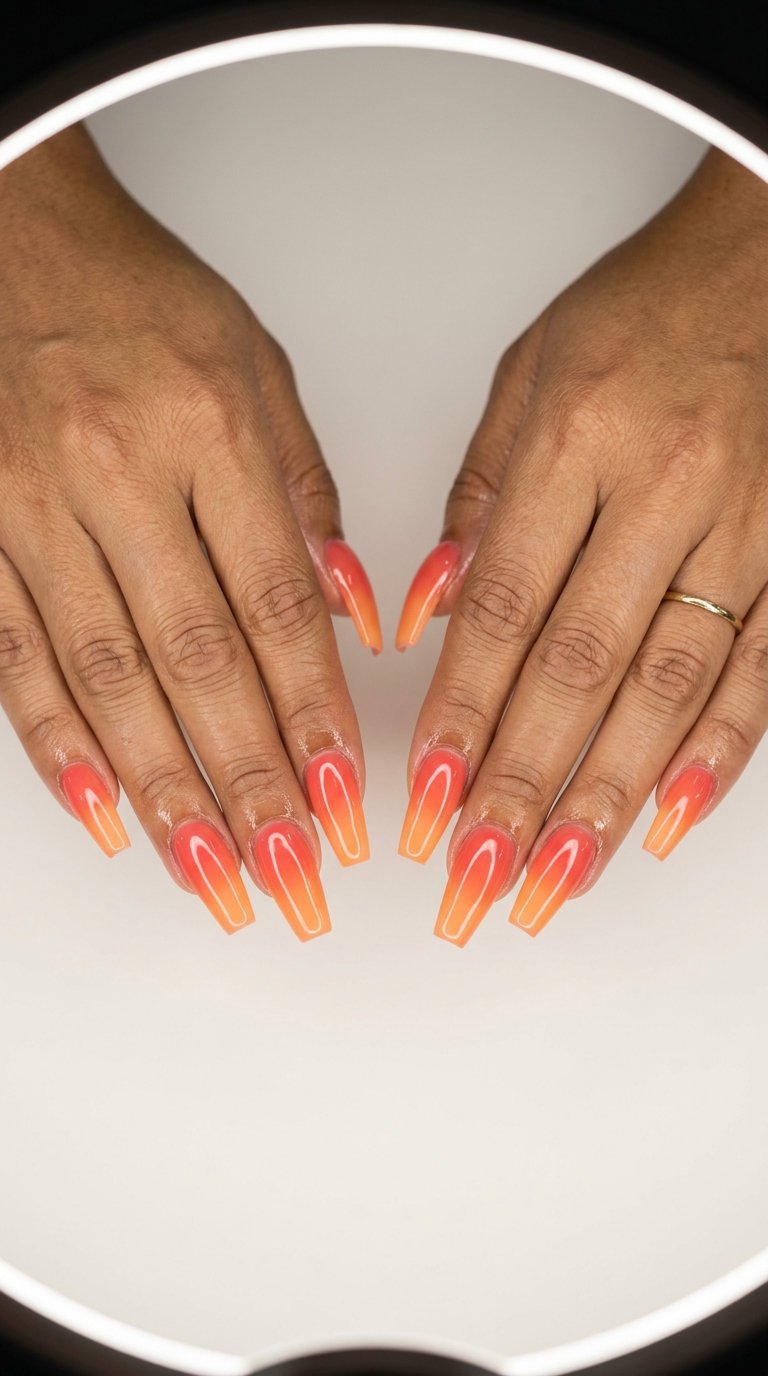 Vivid coral ombre jelly nails for vacation, july nails 2026.
