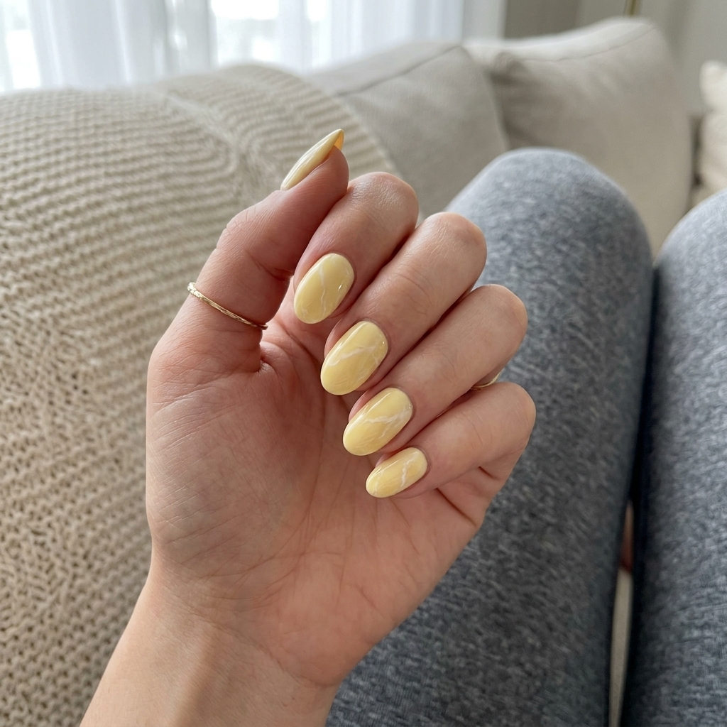 Artistic Butter Marble Almond Nails 2026 Artistic butter yellow marble almond nails for sophisticated summer style 2026.