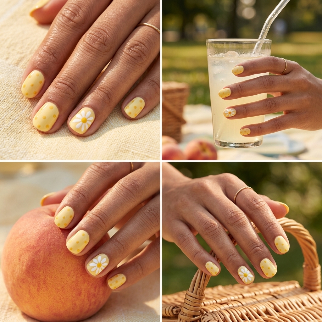 Daisy Dot Nails | July Nails Summer 2026 Sweet butter yellow nails with dots and a daisy accent for picnics. July nails summer 2026.