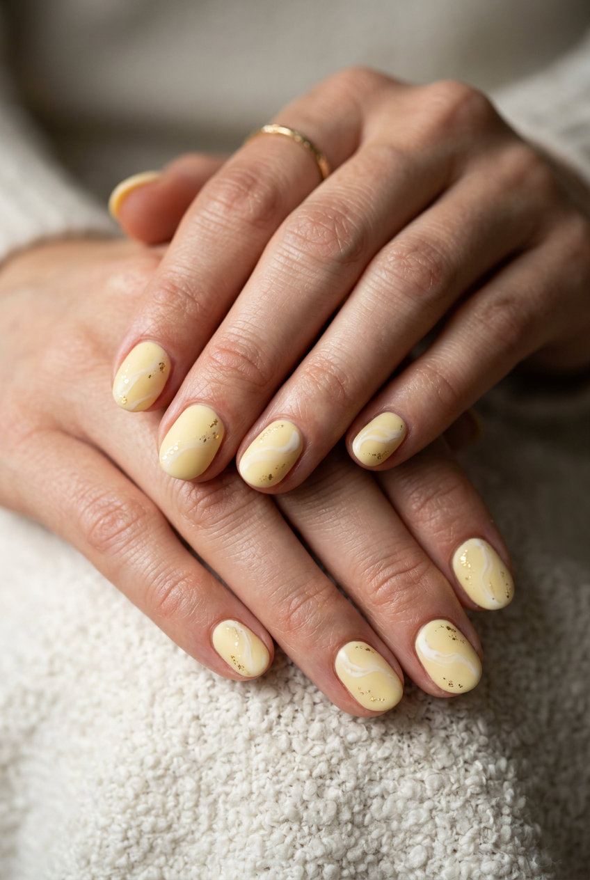 Marble Yellow Nails | July Nails Summer 2026 Sophisticated butter yellow marble nails with gold leaf accents. July nails summer 2026.