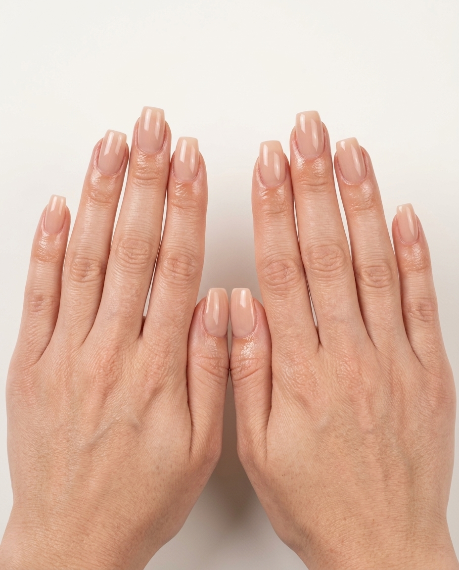 Clean Girl Nude Builder Gel 2026 Clean girl nude builder gel overlay on almond nails for everyday chic in summer 2026.
