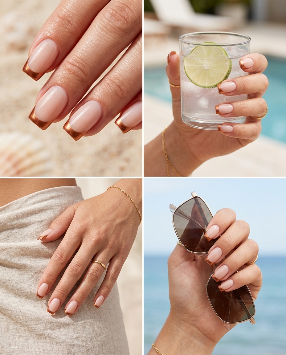 Copper Luxe French Nails - July Nails Summer 2026 Copper French tip square nails for a sophisticated office look. July nails summer 2026.