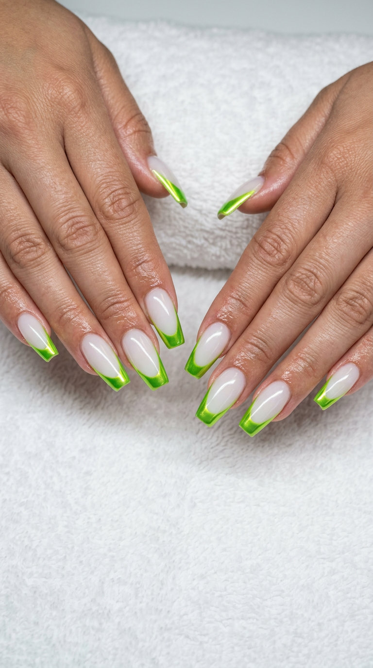 Electric Lime Chrome French Tips 2026 Electric lime green chrome French tips on milky white short square nails for summer events 2026.