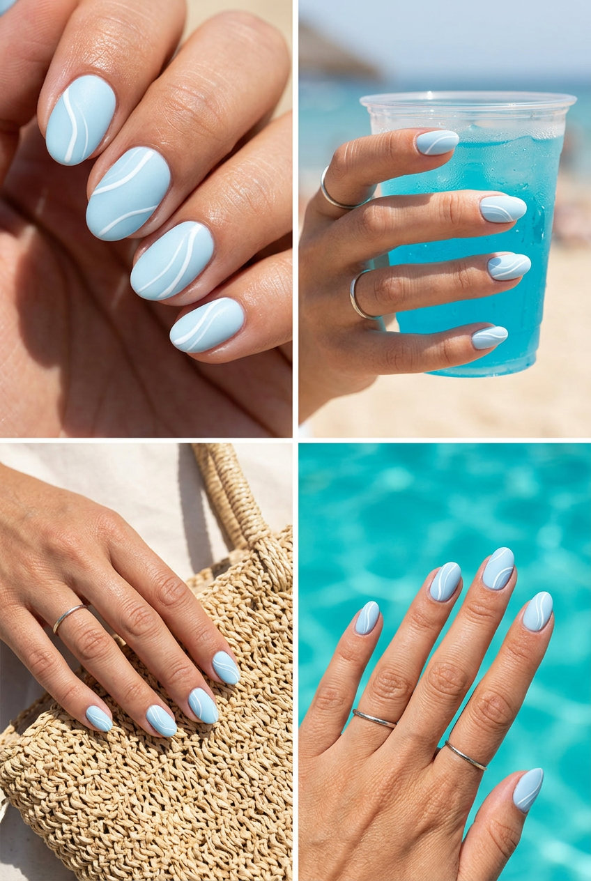 Minimalist Ice Lines Nails - July Nails Summer 2026 Minimalist icy blue nails with abstract white lines and a matte finish. July nails summer 2026.