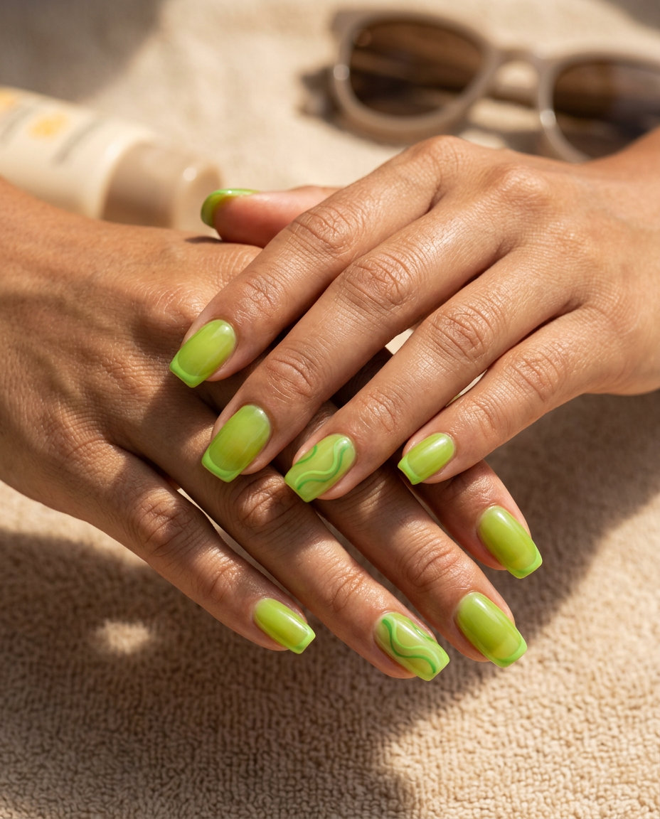 Lime Green Micro French Nails - July Nails Summer 2026 Lime green micro French tip nails with abstract swirls for a summer festival. July nails summer 2026.