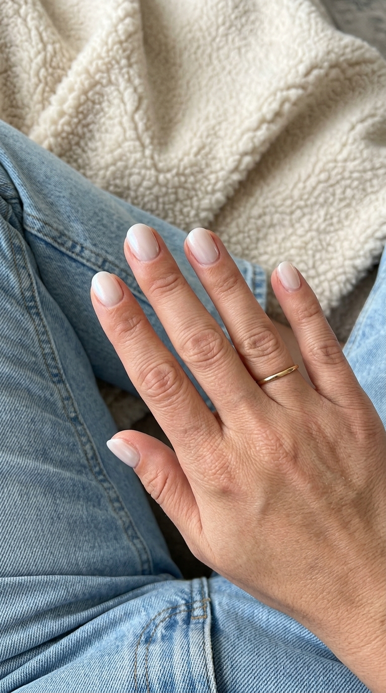 Pearlescent White Short Round Nails 2026 Luminous pearlescent white short round nails for elegant summer events 2026.