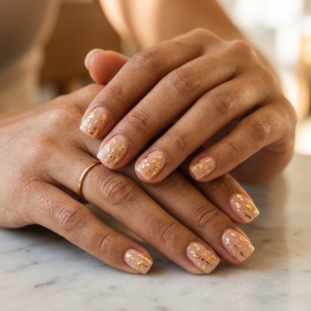 Gold Foil Nails | July Nails Summer 2026 Chic square nails with natural base and metallic gold foil flakes. July nails summer 2026.