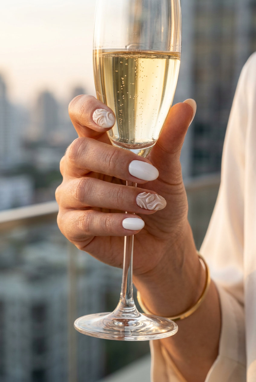 Milky White Textured Nails - July Nails Summer 2026 Milky white nails with 3D textured accents for an elegant evening event. July nails summer 2026.