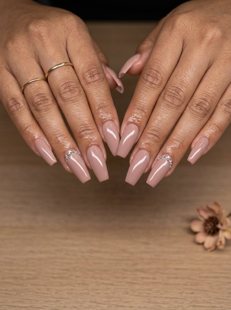 Nude Glamour Sparkle Nails - July Nails Summer 2026 Soft nude short round nails with rhinestone accents for a formal event. July nails summer 2026.