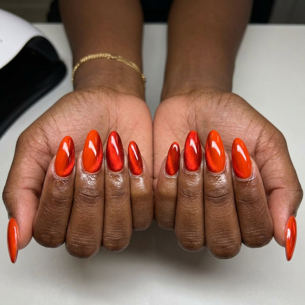 Fiery Orange Cat-Eye Nails - July Nails Summer 2026 Fiery orange almond nails with a magnetic cat-eye shift for a festival. July nails summer 2026.