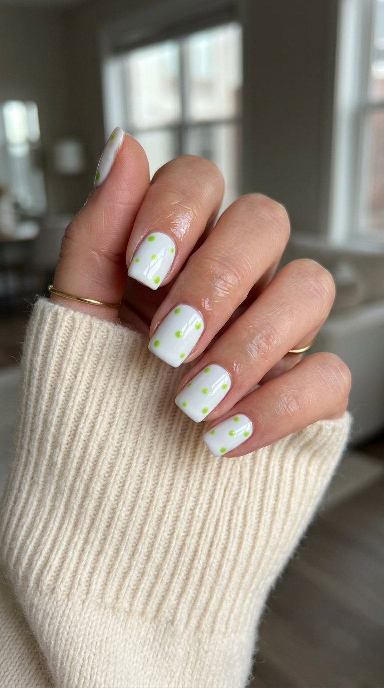 Polka Dot Summer Fun Nails 2026 Polka dot summer fun nails with lime green dots on short square white base 2026.