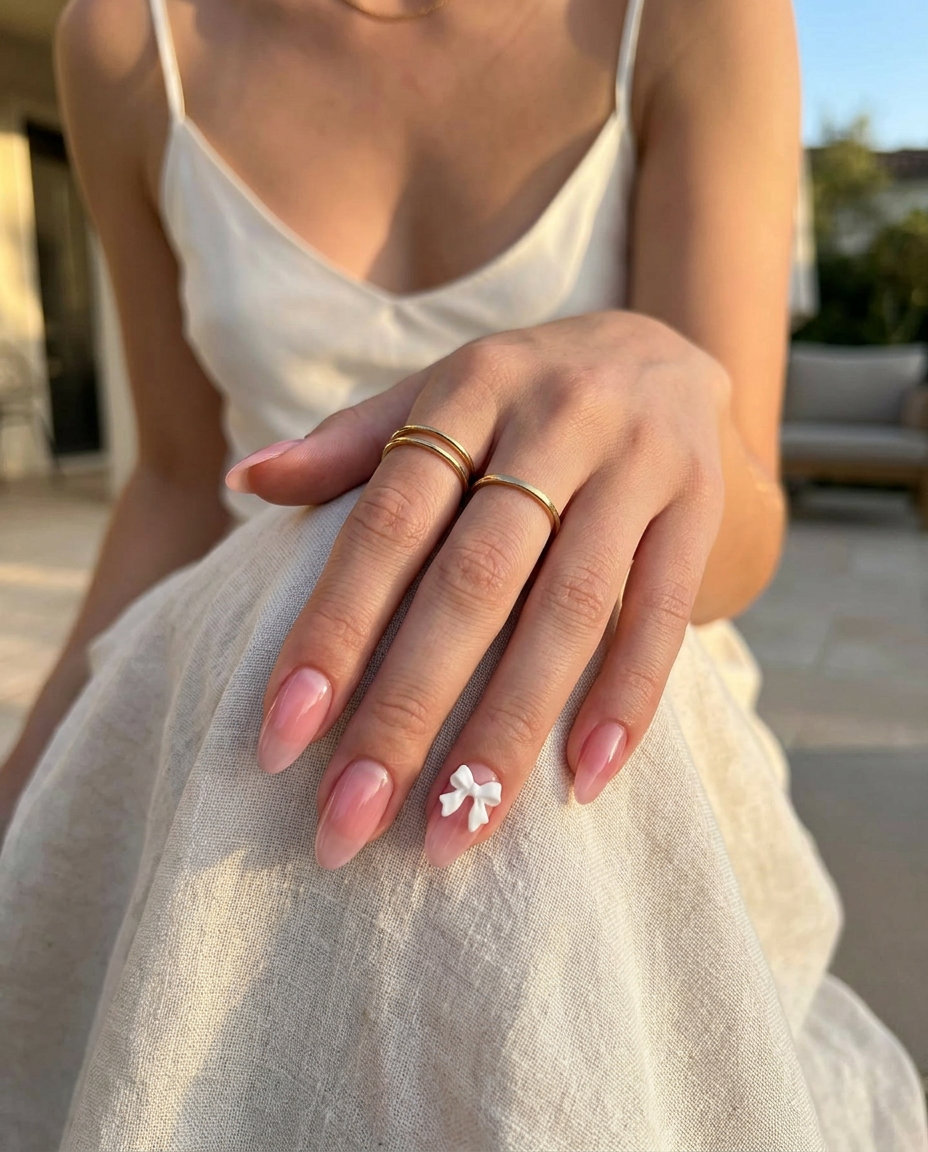 Sweetheart Bow Nails - July Nails Summer 2026 Sheer pink nails with a white 3D bow charm for a romantic date night. July nails summer 2026.