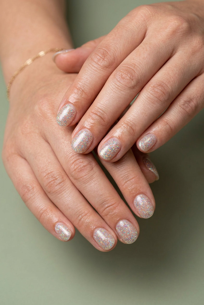 Sparkly Glitter Nails | July Nails Summer 2026 Playful short nails with a sheer base and scattered holographic glitter. July nails summer 2026.