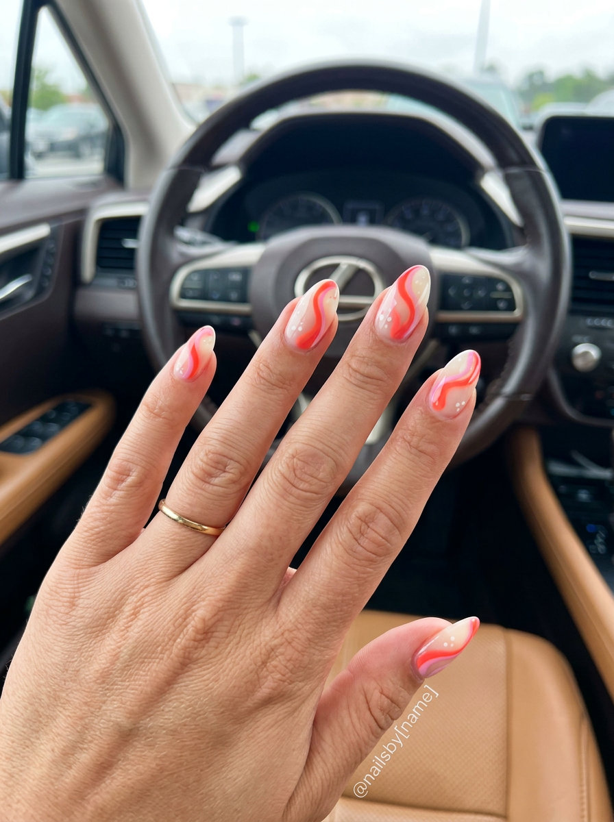 Bohemian Swirl Nails | July Nails Summer 2026 Bohemian summer nails with coral, pink & white abstract swirls for festival vibes. July nails summer 2026.