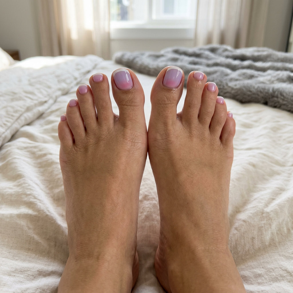 June Toe Nails Ideas 2026: Lavender Aura French June toe nails ideas 2026: Lavender haze aura French tips on oval nails for parties and date nights.