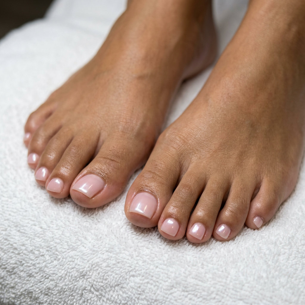 Milky Pink Glaze Squoval Toenails 2026 | Casual & Vacation Style Milky Pink Glaze Squoval toenails: sheer milky pink gel with pearlescent finish for casual events and vacation. June toe nails ideas 2026.