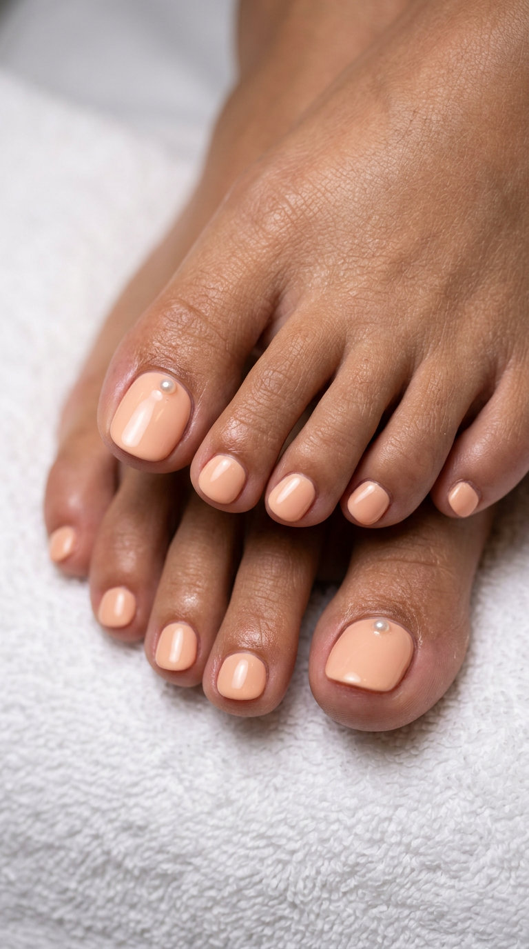 Peach Parfait Creamy Oval Toenails 2026 | Sophisticated Casual Peach Parfait Creamy Oval toenails: opaque creamy peach polish for wedding guests and sophisticated casual events. June toe nails ideas 2026.