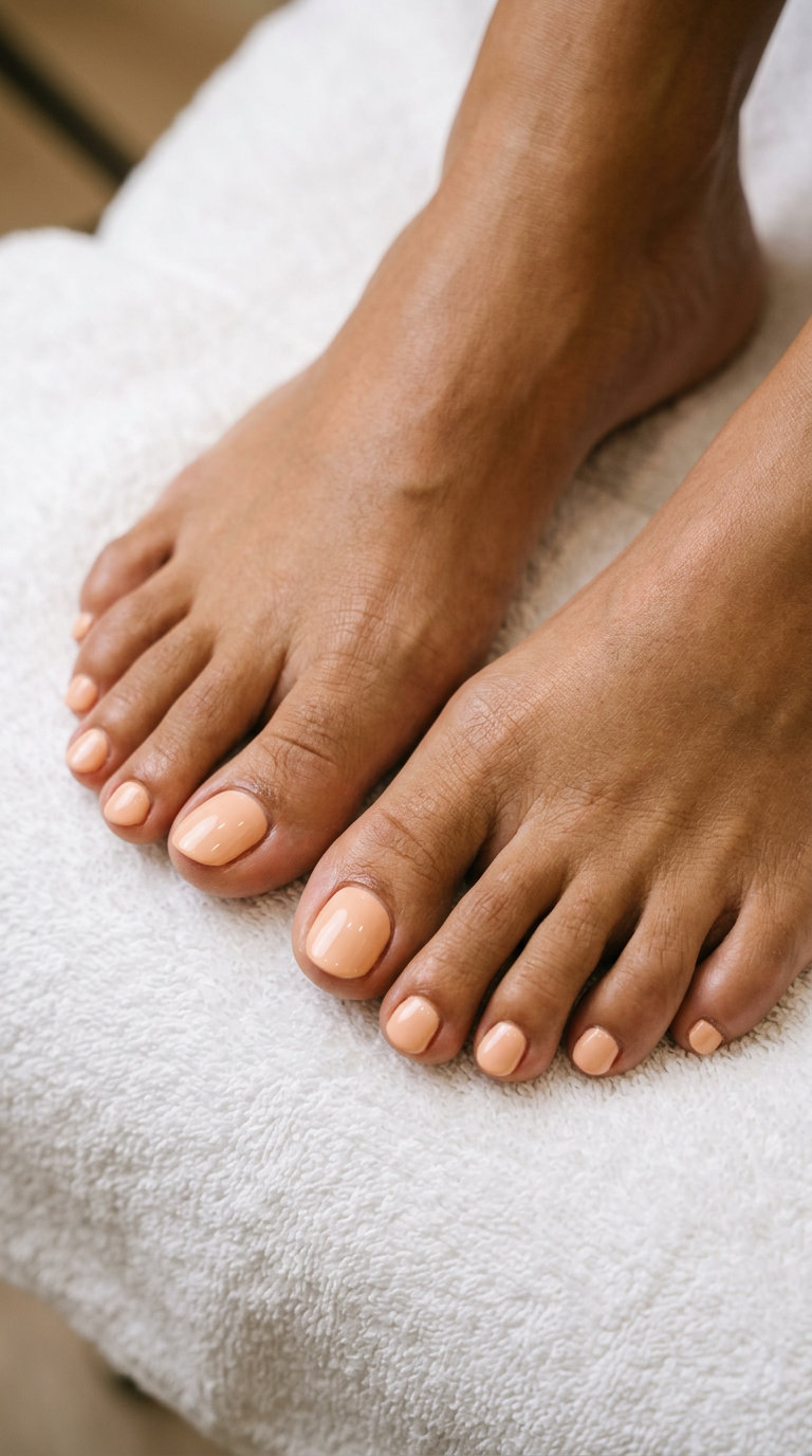 Peach Parfait Oval Toes 2026: Elegant Garden Party Creamy peach oval toenails for elegant wedding guest and garden party occasions in 2026.