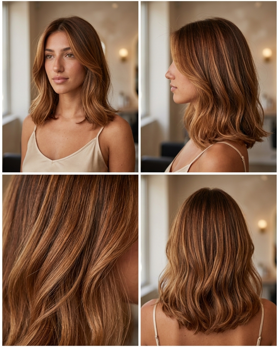 Toasted Caramel Auburn Balayage: Romantic Hair 2026 long layered light auburn balayage with toasted caramel highlights for romantic style
