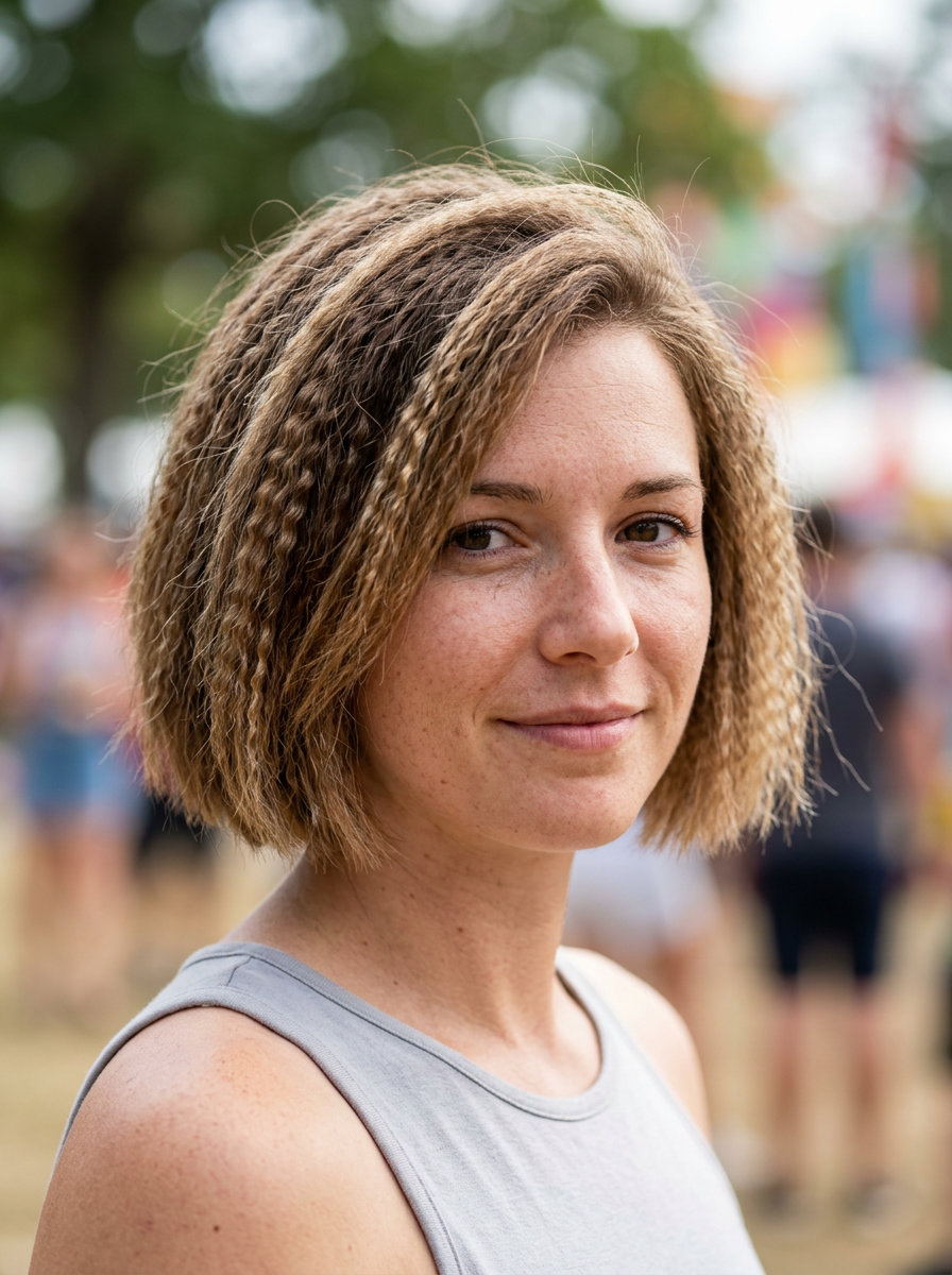 short bob haircut with natural light brown & sun-kissed ends, crimped texture for summer fun