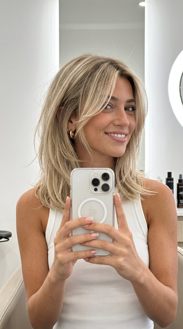 collarbone-length linen blonde shag haircut with choppy internal layers and feathered fringe, sandy root smudge — playful effortless