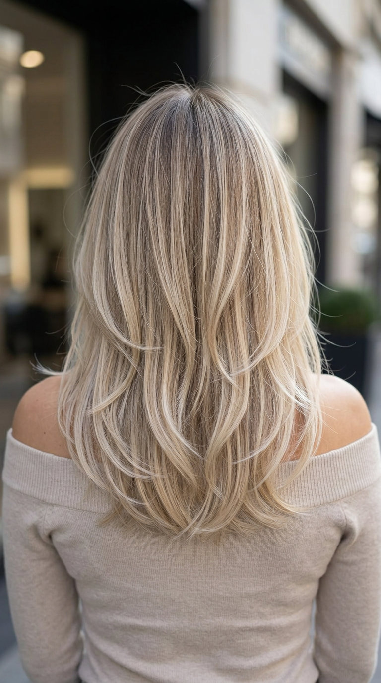 long linen blonde air touch balayage with neutral pale blonde, soft beige root shadow for sophisticated daily wear