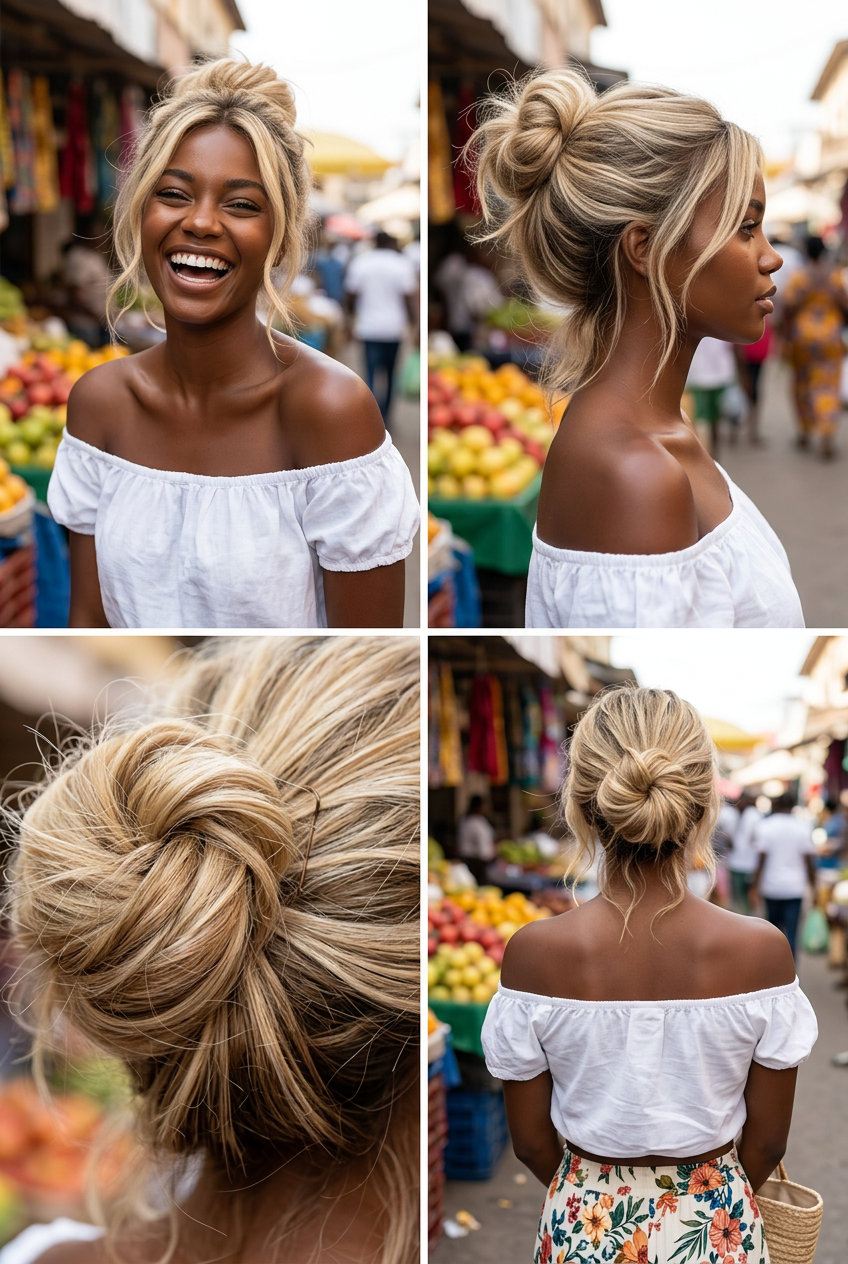 long linen blonde messy bun with buttercream balayage, textured layers, and face-framing tendrils for weekend getaway