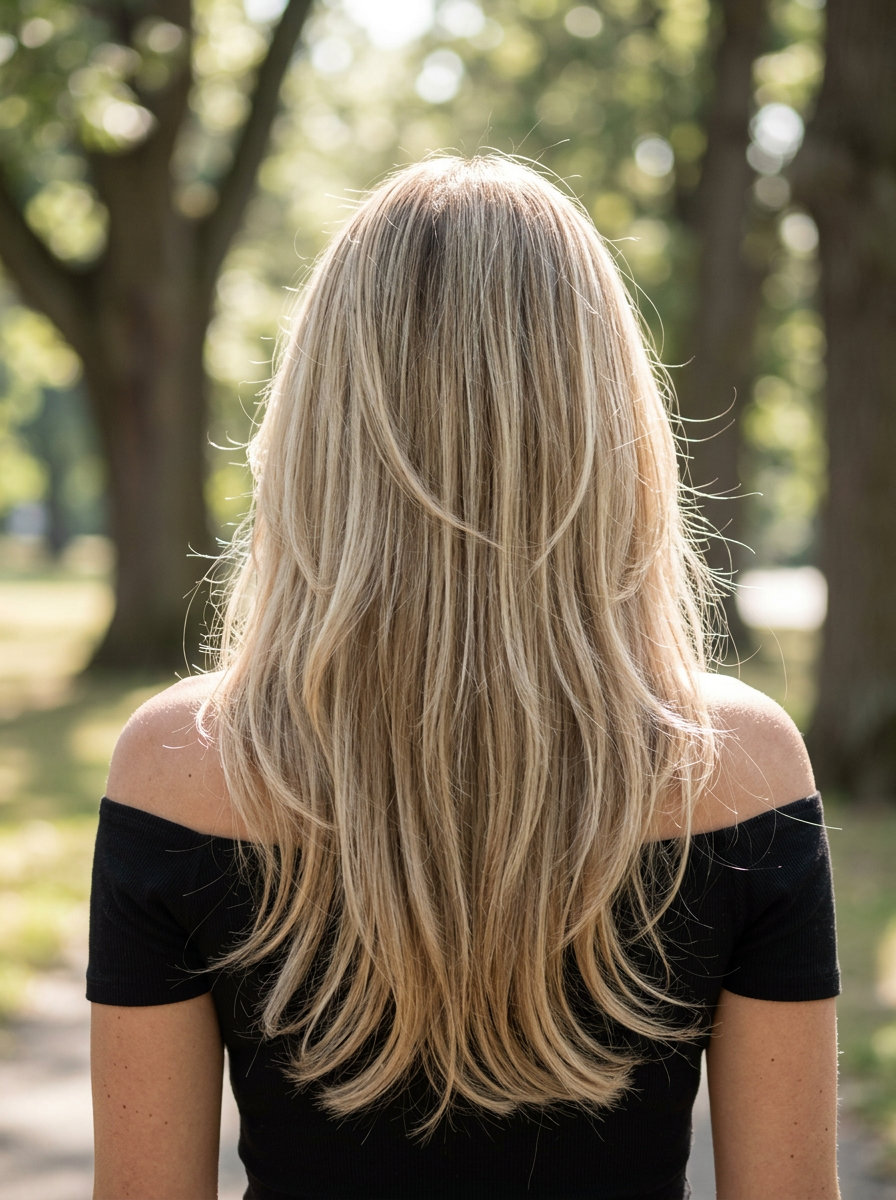 long butterfly haircut with linen blonde babylights and airy layers for natural texture