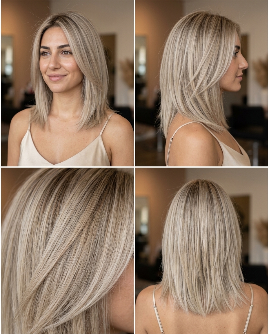medium layered haircut with cool linen blonde and root shadow for summer