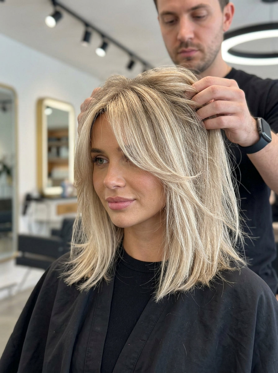 medium linen blonde lob with cream highlights and curtain bangs for weekend